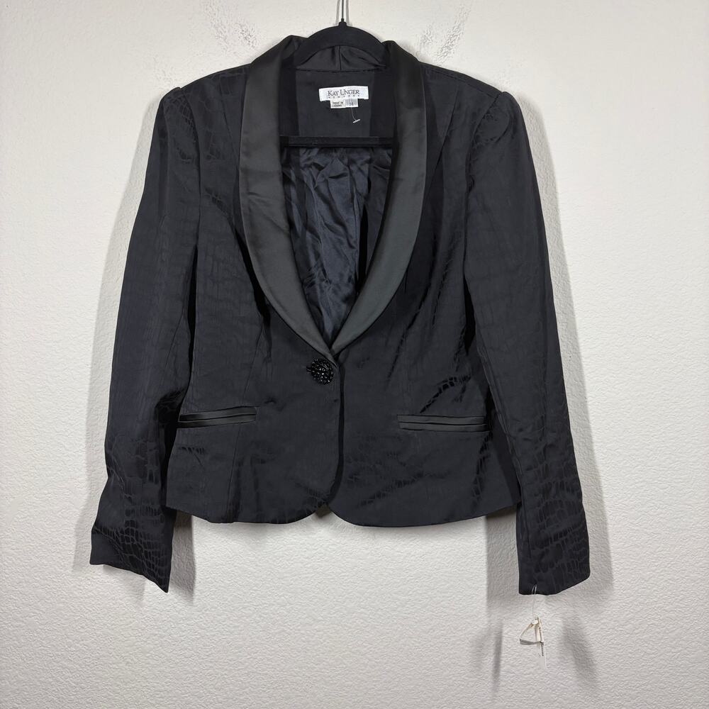 Kay Unger 14 Reptile Print Satin Collar Single Breasted Blazer Jacket Black